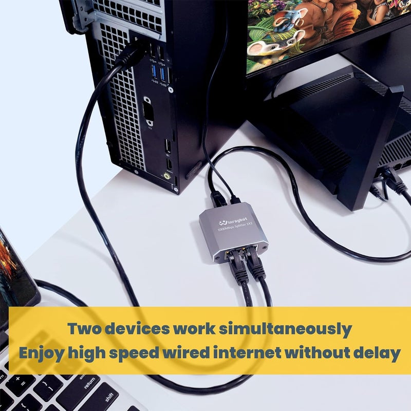 WinRaybot Ethernet Splitter 1 to 2 RJ45 Gigabit Network Adapter Compatible with Cat 6/7/8 Cable for Router PC Laptop Printer Home Office Network - Image 3